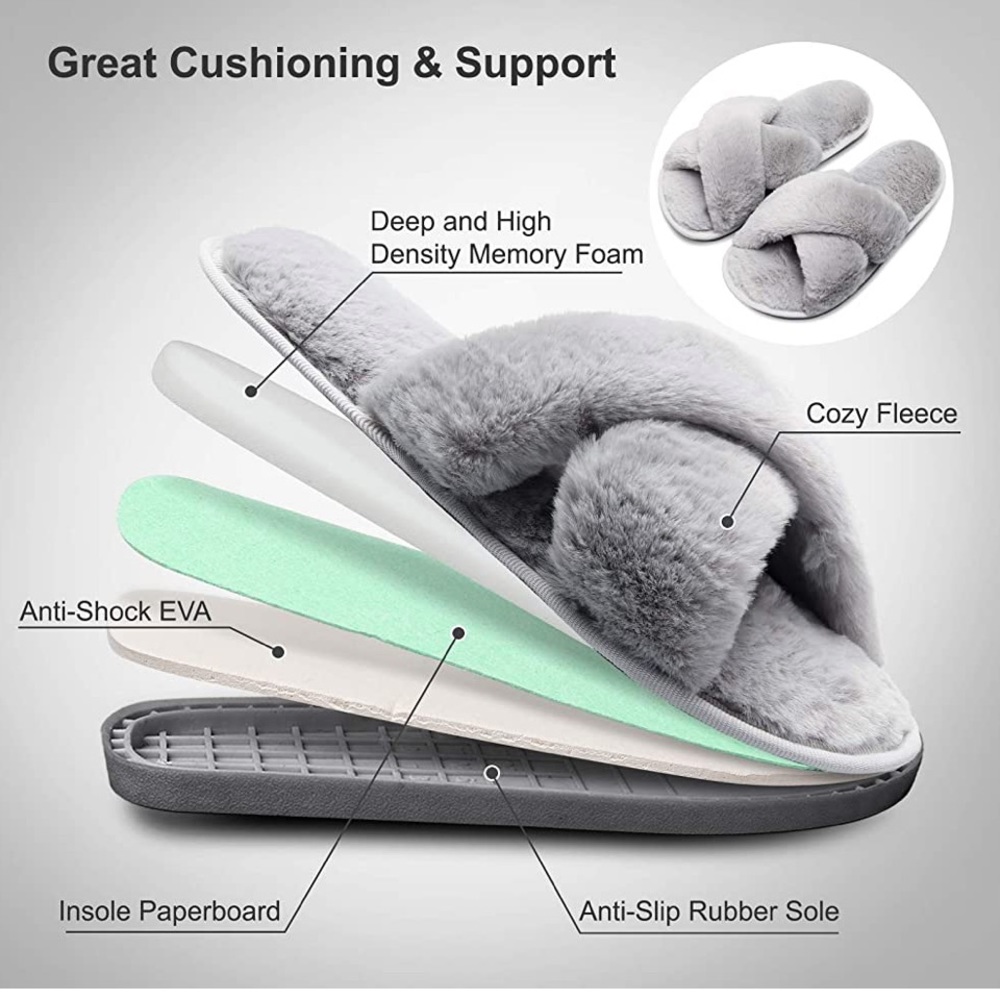 JOINFREE Women's Fluffy Slippers Plush Faux Fur Spa Sandal Shoes Gray size Large - Picture 4 of 11